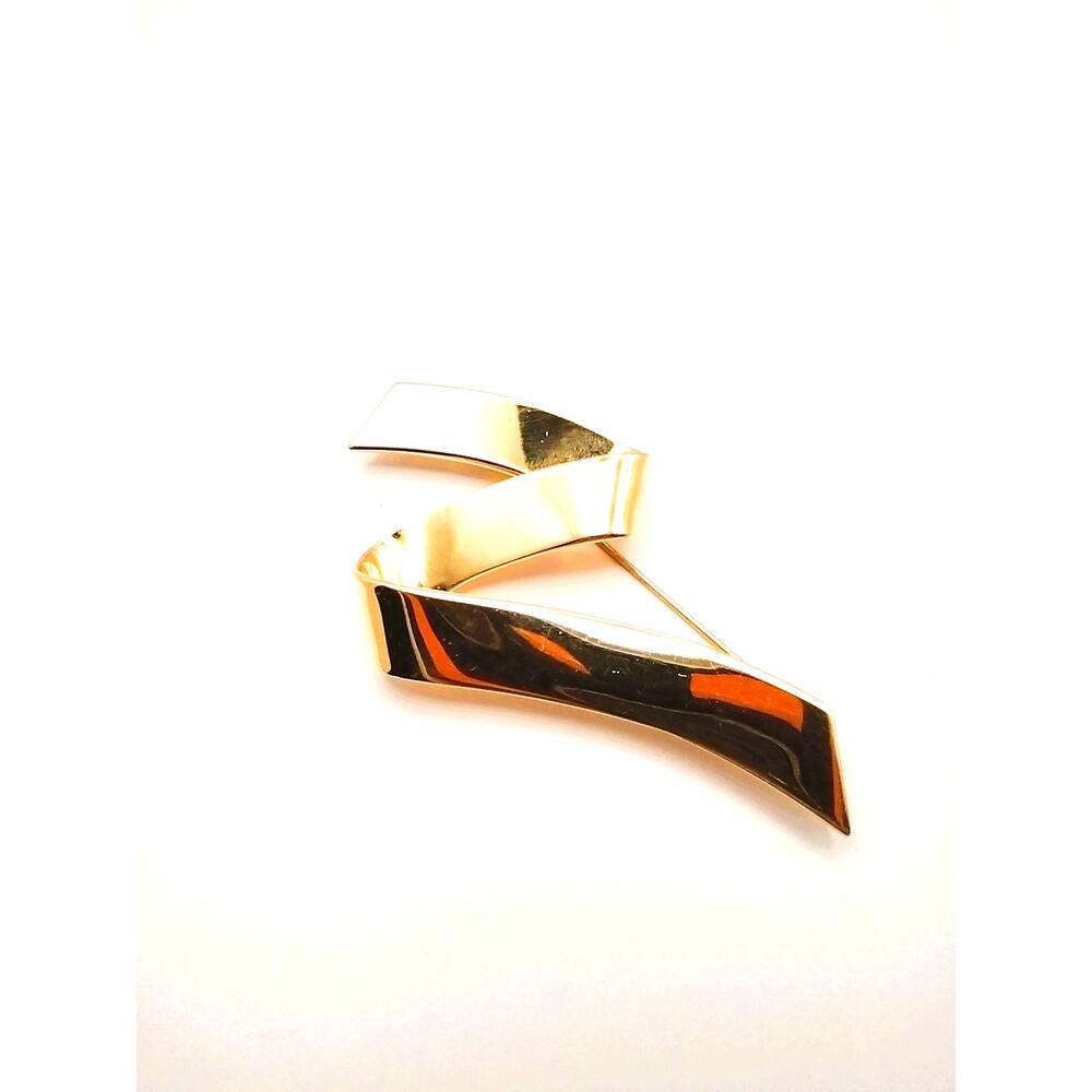 Vintage MONET Zig Zag Ribbon Shiny Gold Tone Pin Brooch 3” Large Signed